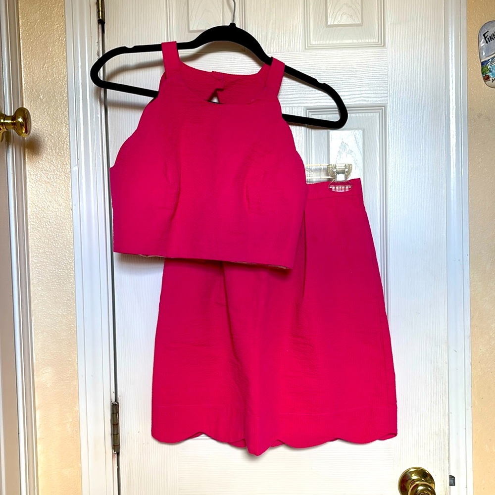 Hot pink seersucker skirt set